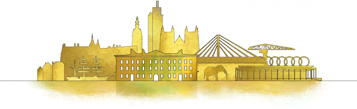 Nantes skyline doré représentant les principaux monuments de Nantes